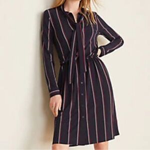 Ann Taylor Tie Neck Button Front Long Sleeve Navy Red Stripe Dress Size Medium